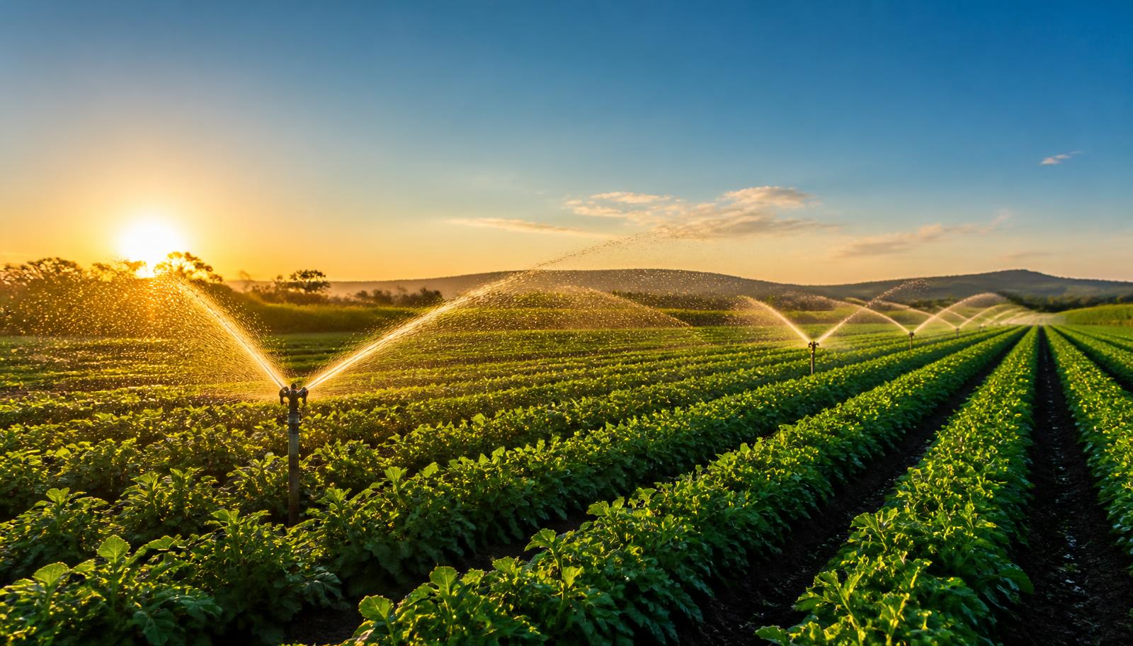 Sprinkler irrigation watering a green field at sunrise