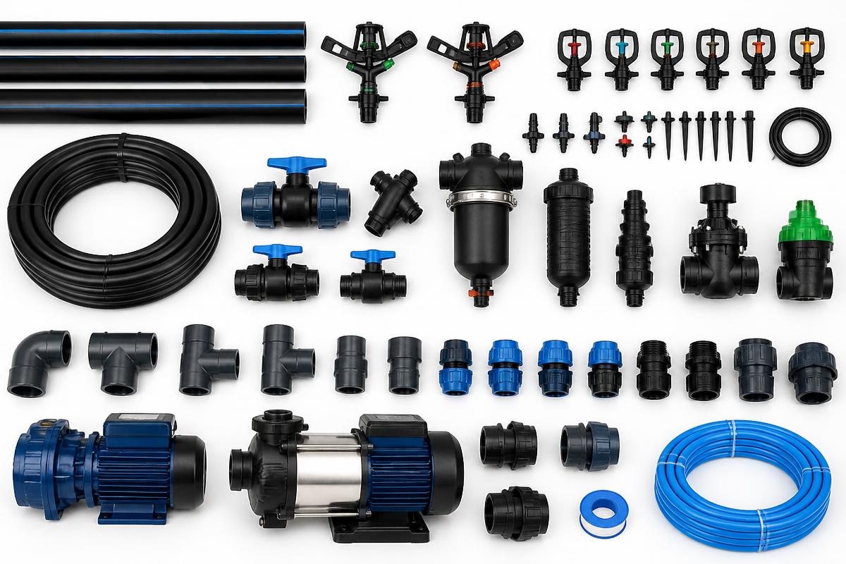 Irrigation products including pipes, sprinklers, valves and pumps